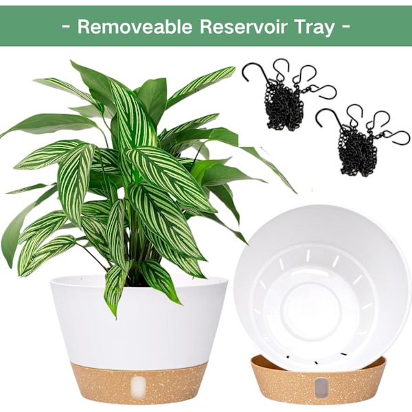 2 Pakke 25cm Diameter Hengende Plantepotter Innendørs Utendørs med Dreneringshull og 3 Kroker for Hage og Hjem (Hvit)