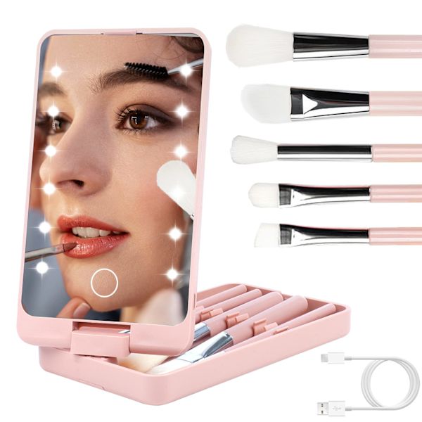 Forfængelighedsspejl med lys, bærbar toiletbord makeup spejl med 12 LED-lys og 5 stk børste 360° justerbar touch screen belyst bord spejl