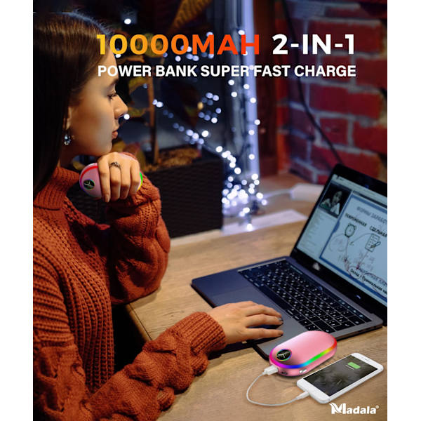 Genopladelige håndvarmere med lys (7 farver), 10000mah Luminescence elektrisk håndvarmer, (13-18 timer)