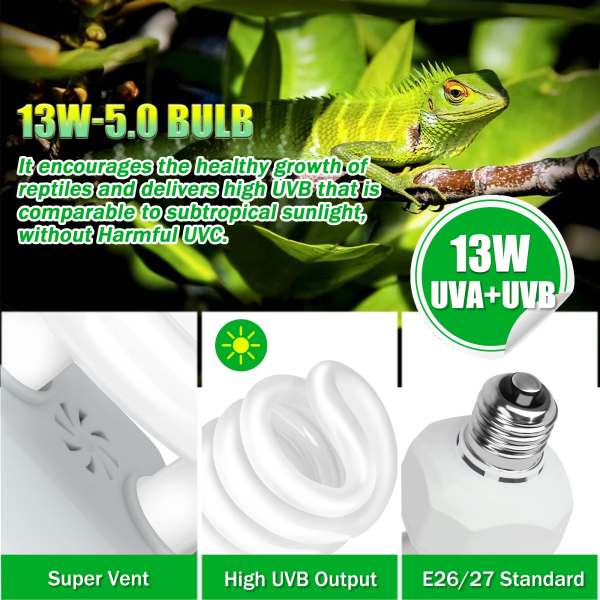 UVA UVB 5.0 Krybdyrpære, 13W Dual-Threat UV-pære, Kompakt Fluorescerende Lampe, Velegnet til Regnskovskrybdyr