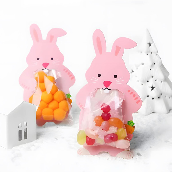 20 stk. Bunny Cellofanposer - Påske Slikposer, Søde Tegneserieindpakning med Hilsningskort, Chokolade Slik Snacks Cookies Festgaveposer