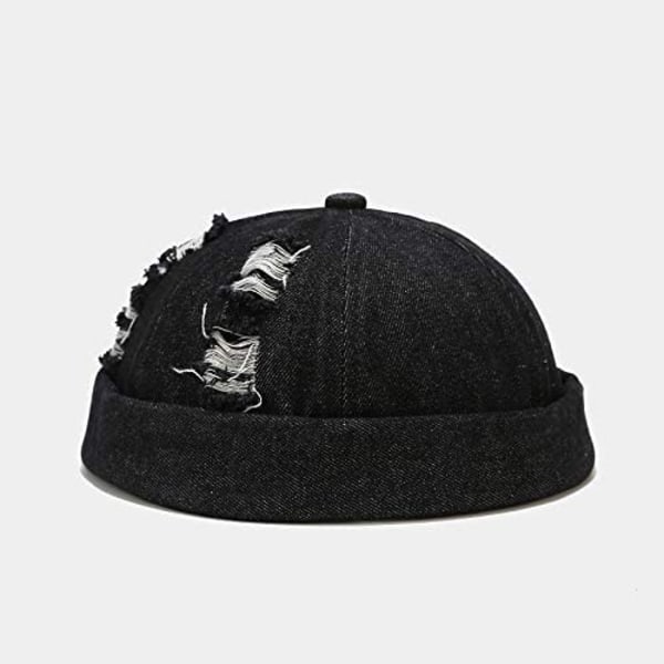 Herre Dame Cap Denim Brimless Hatte med Justerbar, Sort