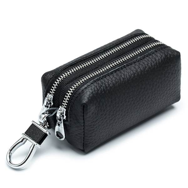 Äkta läder bilnyckel fodral, unisex dubbel dragkedja nyckelring plånbok myntväska väska med metallkrok (svart)