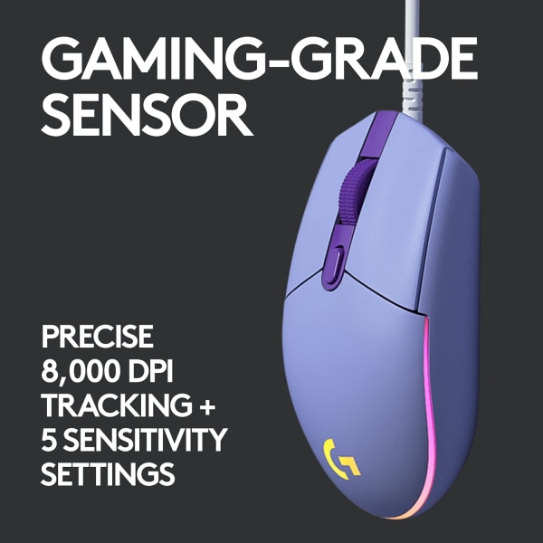 Spelmus med RGB-belysning, 6 programmerbara knappar, sensor i spelklass, 6K DPI-spårning, lätt purple