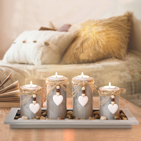 Lysestake Sett med 4 med Wodden Brett, Tealight Holdere