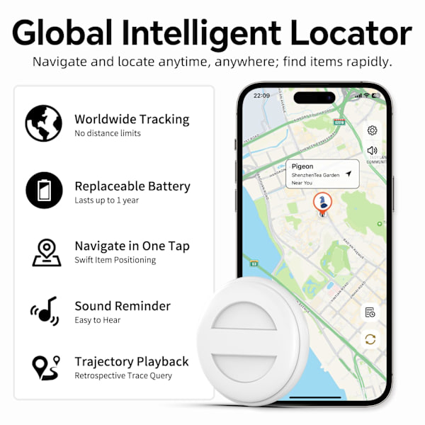Mini GPS-tracker för husdjur, barn, bilar - Global app för realtidslokalisering, ljudvarning, 7-dagars historik, vattentät nyckelring, anti-förlorade tillbehör (svart)
