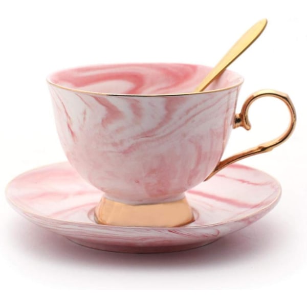 Marmor keramisk kopp og tallerkensett Camellia-mønstret bein Kina kaffekrus Tekopp gullkant med kaffekopp, tallerken og skje, 200 ml (rosa)