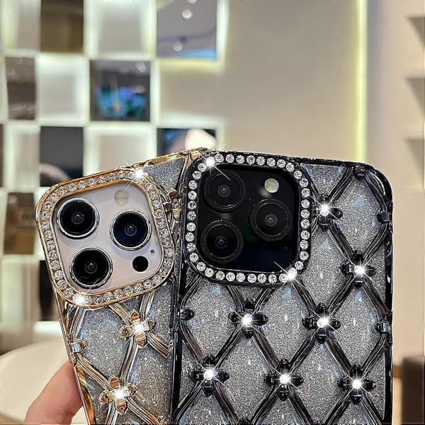 Lämpligt för iPhone 16 Pro Max mobilskal, sött lyxigt glitter strass blomma skyddande skal