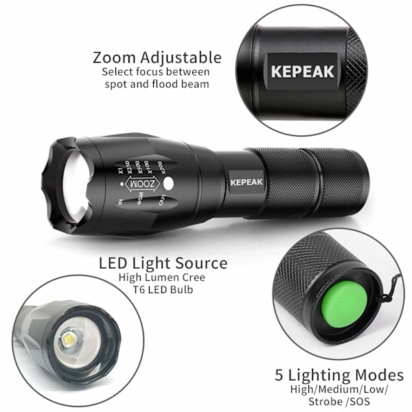 LED lommelygte, 5 tilstande taktisk, IPX5 vandafvisende