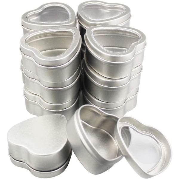 14 st 60 ml tomma hjärtformade silvermetallburkar med genomskinligt fönster