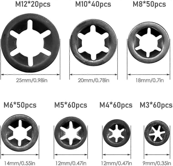 340 kpl Lukituslevyt Starlock-lukituslevysarja Laakerikiinnike M3 M4 M5 M6 M8 M10 M12, 7 kokoa