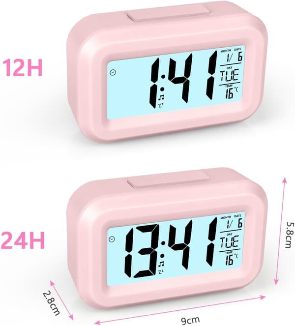 Digital vækkeur til natbordet, LED-display med justerbar slumrefunktion 12/24 timer, temperatur, dato, timer, lysstyring, bærbare vækkeure