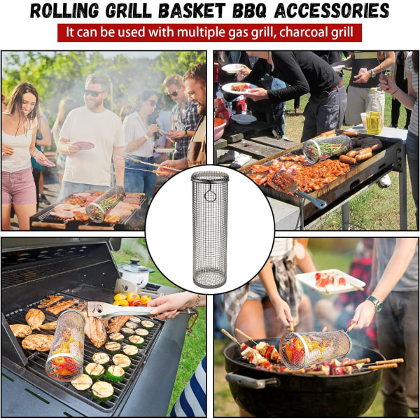 Rullende BBQ Grillkurv, Bærbar bbq Grillkurv til Grøntsager Udendørs BBQ Tilbehør BBQ Grill Rund Grillrist til Grøntsager, Pommes Frites