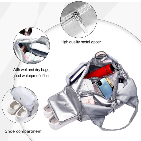 Sportsbag, Overnight Weekend Bags for Women, med skorom og våte og tørre lommer, Reisebag, Yoga Mat Bags, Hospital Bag (sølv)