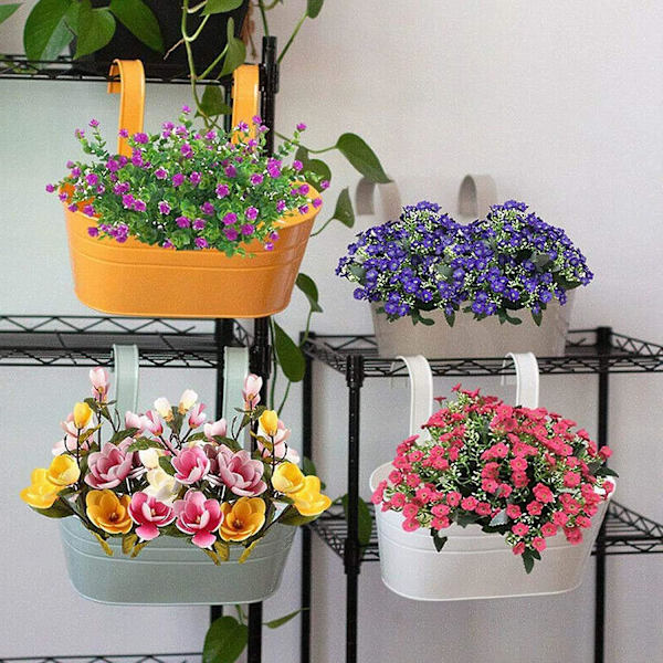 Hengende blomsterpotter, metalljernbøtteplanter for rekkverk gjerdbalkong med kroker (Candy Blue)