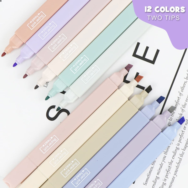 12 farver highlighter pastel highlighter pen dobbelt hoved, farverige highlighter penne æstetiske, tekstmarkører skoleartikler markør pastel