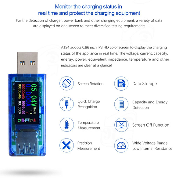 USB-testare Multimeter 3.0 USB-spänningstestare 3,7-30V 0-4A USB, Meter Voltmeter Ammeter IPS Färgskärm Kapacitet Strömladdare Detektor AT34