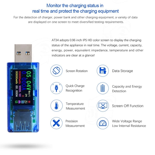 USB-tester multimeter 3.0 USB-spenningstester 3.7-30V 0-4A USB, meter voltmeter amperemeter IPS fargedisplay kapasitet strømladerdetektor AT34