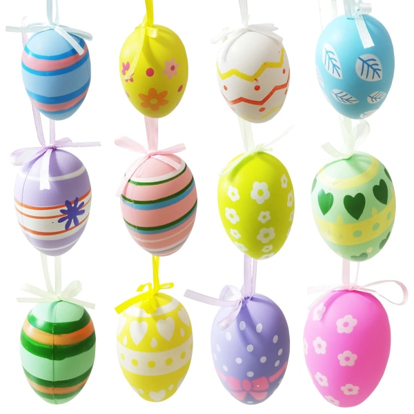Påskhängande ägg 12 st påskäggsdekorationer, påskhängande ägg prydnader Plastägg hängande prydnad Färgglada dekorativa målade ägg