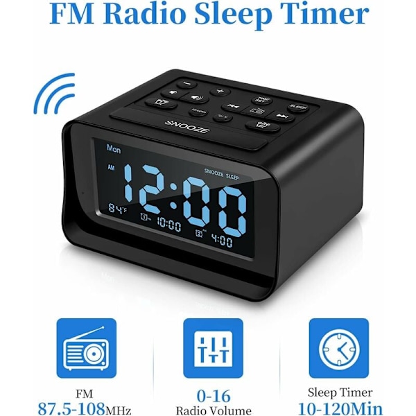 Digital Väckarklockradio med Dubbla USB-Laddare för Sovrum, Justerbar Alarmvolym och Ljusstyrka (Svart)
