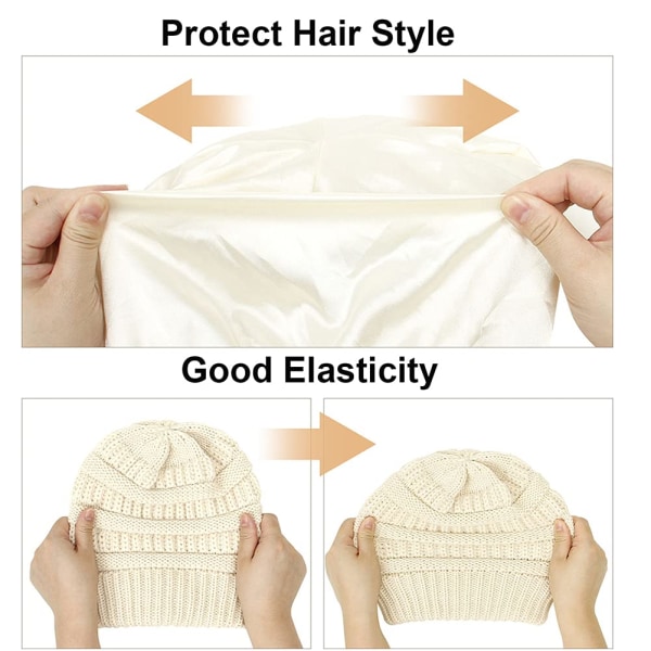 Stickad mössa för kvinnor, foder i satin, skidmössa för kvinnor, slouchy vintermössa för flickor beige