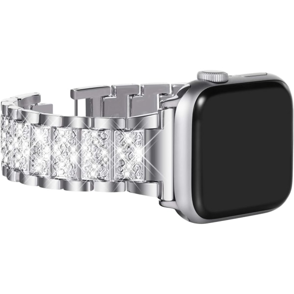 Kompatibel med Apple Watch-rem 42mm 44mm 45mm, Kvinner Glitrende Bling Krystall Rustfritt Stål Lenke Armbånd Erstatningsbånd for iwatch-serien silver 42/44/45/49MM