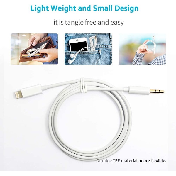 Aux-kaapeli iPhonelle, L-ightning 3,5 mm:n äänitulokaapeli autoon, kuulokeliitäntäsovitin autoon/kotistereoihin/kuulokkeisiin/kaiuttimiin -valkoinen
