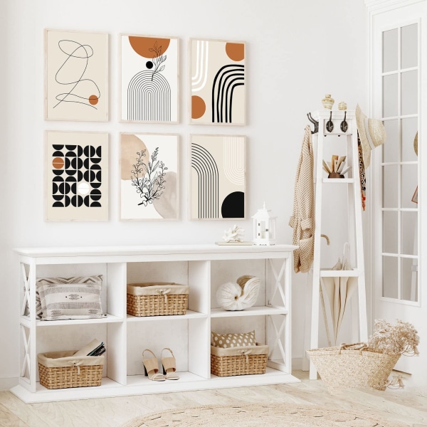 6 st Boho-konstväggdekor, abstrakt Boho-dukväggkonst Geometrisk väggkonst, Linjekonst Bladväggdekor Utställningsaffischer