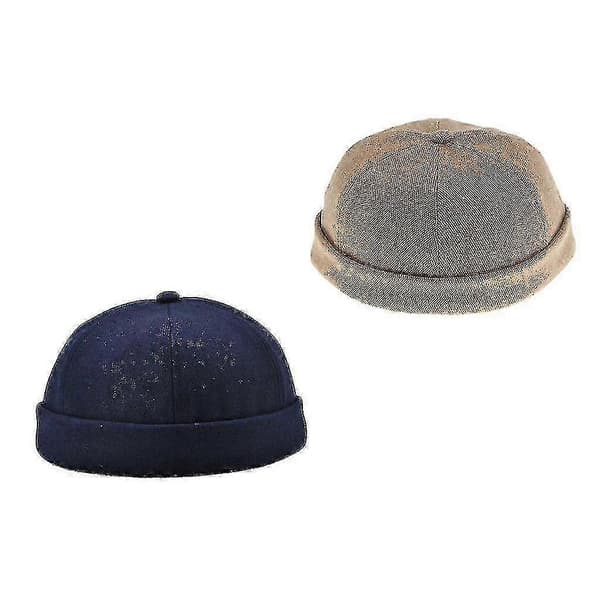 2-pack Herr Docker Hatt Sjömansmössa Mekaniker Bikermössa Skull Beanie Mössa Enkel - 2 st - Ljusbrun+marinblå-