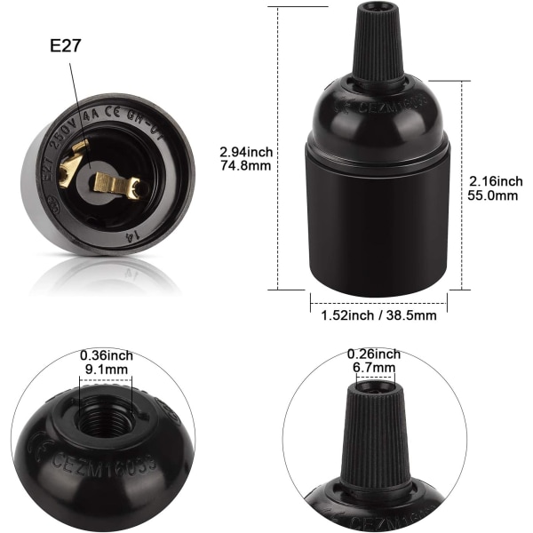 4 stk. E27 Vintage Sort Lampholder, Edison Retro Pendellampe