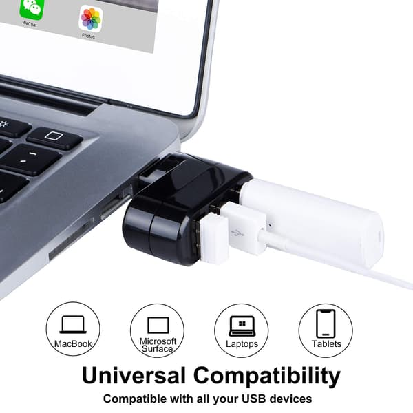 3 porte USB 2.0 Hub 180 graders rotation Mini dreje ekstern splitter adapter til notesbog bærbar PC (sort)