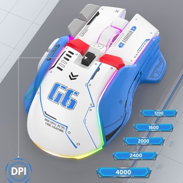 G6 Trådlös spelmus, Bluetooth-mus, 3-lägesanslutning, Mecha-stil design, 12 knappar, 11 RGB-belysning, 5 justerbar DPI, 4000 FPS, Ergonomi white