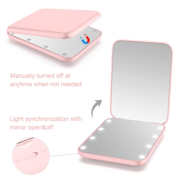 Taskupeili, Led-kompakti peili, 1x/2x suurentava peili valolla, 2-puolinen kädessä pidettävä magneettikytkin, taitettava pieni matkameikkipeili (vaaleanpunainen)