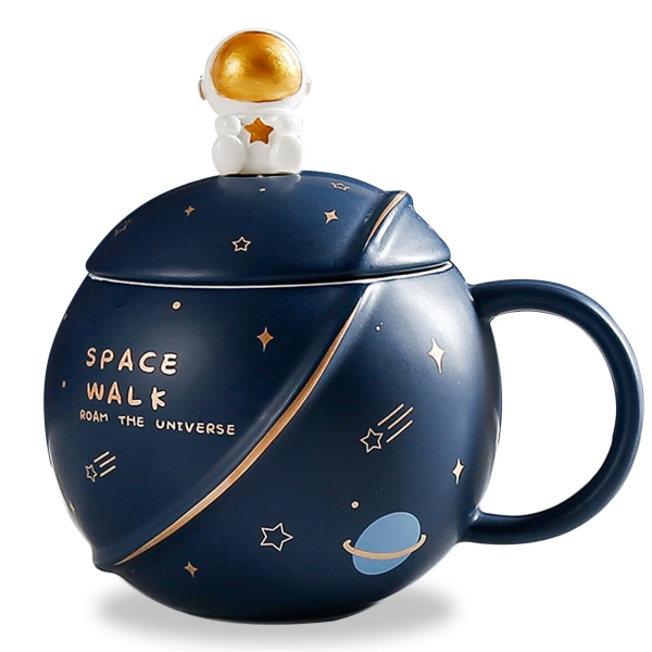 Cute Space keramisk krus, Astronaut Coffee Cup, Funny Krus med låg og ske, Personlige kopper til kaffe, te og mælk, 400 ml (lyseblå)
