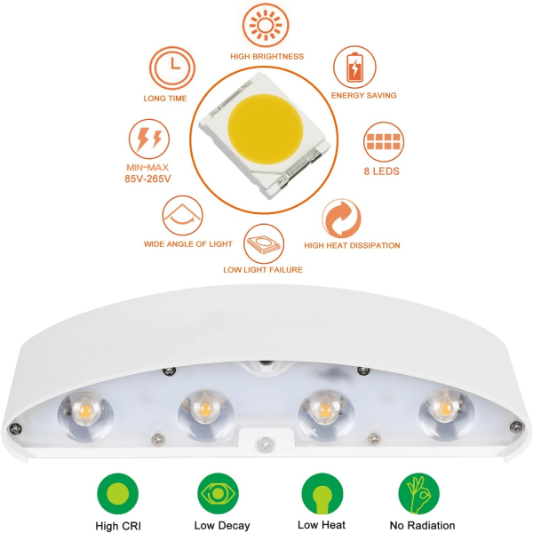 Moderne væglampe 8W Hvid LED væglampe op og ned væglampe Vandtæt lys til stue, soveværelse, gang, badeværelse dekoration Varm hvid [Energiklasse F]