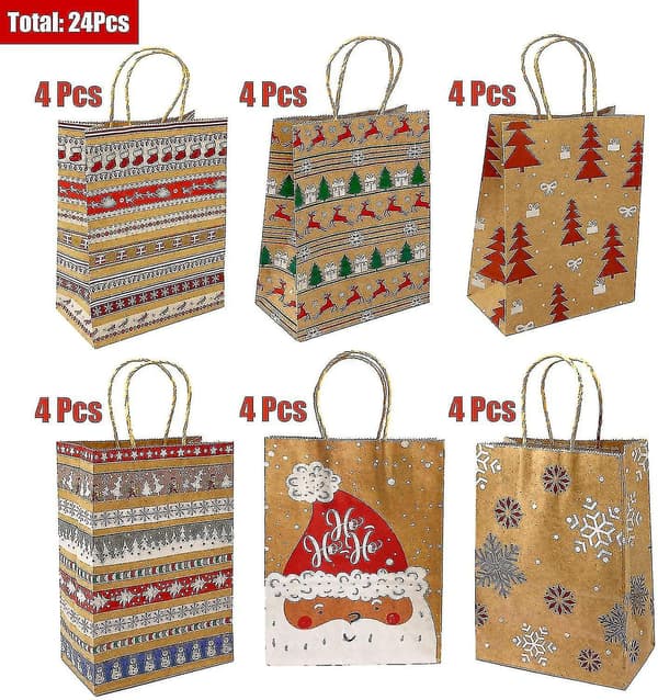 Julklappspåsar i Kraftpapper, 24 stycken, med Handtag, Julpapperspåsar