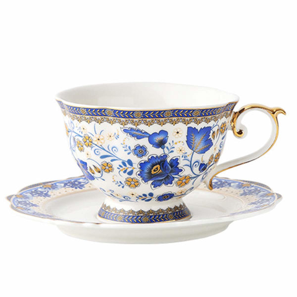 Fine Bone Kina britisk kaffekop og underkopsæt, blå blomster vintage porcelæn tekop, 200 ml
