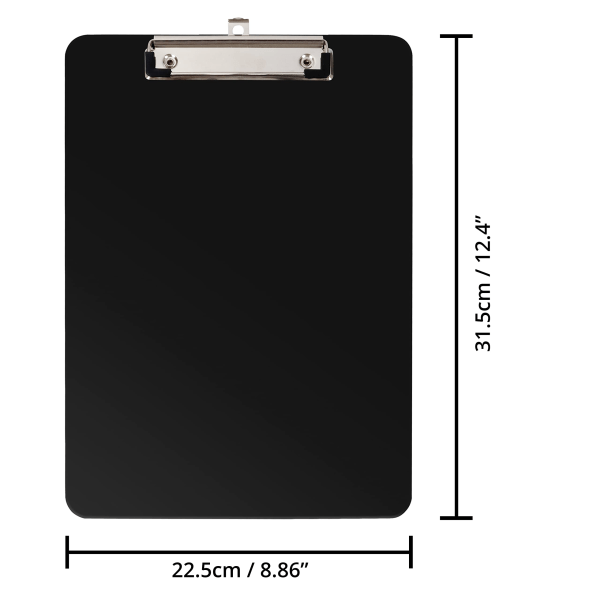 Svarta urklipp i plast (6-pack) - 8,86 x 12,4 tum - Stark och hållbar skrivplatta i A4-storlek med lågprofilklämma - Hållare för hem och kontor