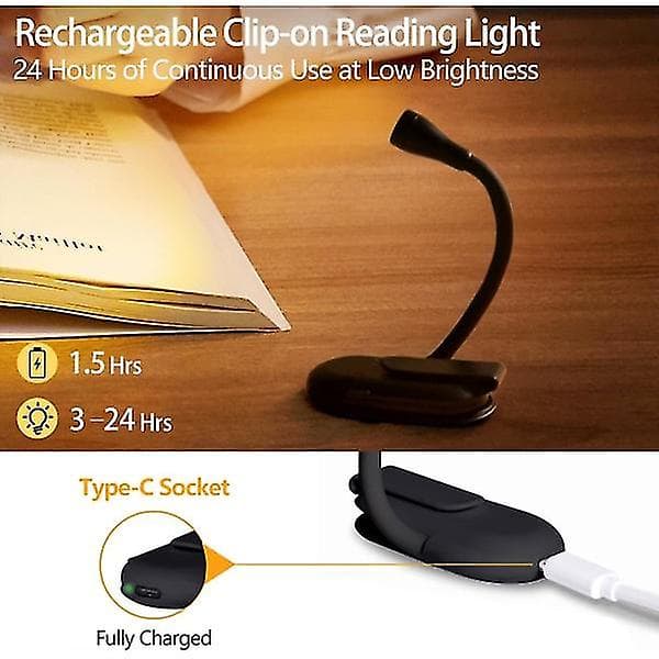 Boklampe, oppladbar klipslampe for lesing, justerbar lysstyrke