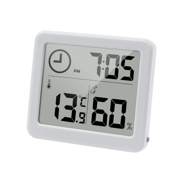 Digitalt termo-hygrometer 3,2" stor LCD-skjerm termometer med temperatur- og fuktighetsmålermåler med klokke (batteri inkludert) (hvit)