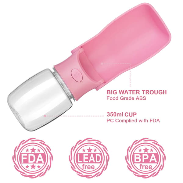 Hopfällbar hundvattenflaska, hundresflaska för resor (rosa 350 ml)