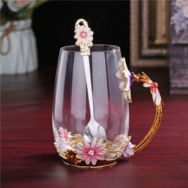 Handgjord emalj fjäril blomma glas kaffemuggar tekopp med sked, födelsedag julklappar till henne kvinnor mamma vänner lärare Alla hjärtans dag mödrar