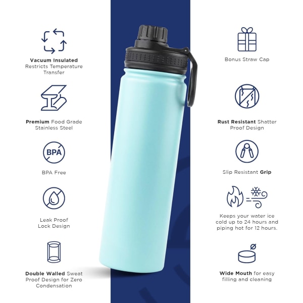 Vandflaske i rustfrit stål med sugerør | Isolerede vandflasker | Drikkeflasker til voksne | Vandflaske i metal med sugerør og sportslåg