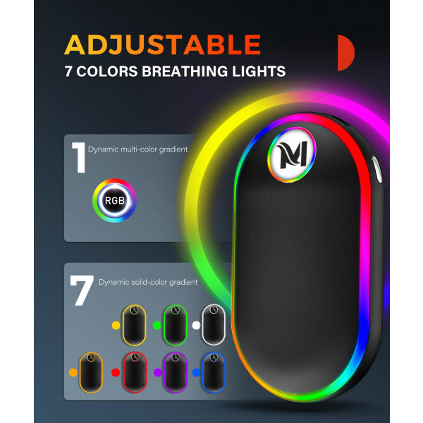 Håndvarmere genopladelige med lys (7 farver), 10000 mah luminescens elektrisk håndvarmer, (13-18 timer)