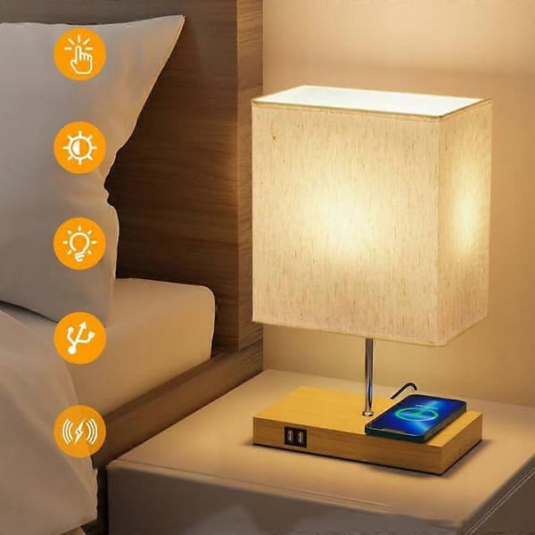 Bordlampe med E27 LED-pære, skrivebordslampe, trådløs oplader, 2 USB