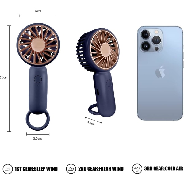 Mini håndholdt ventilator, kraftig bordventilator med spænde, sødt design 3 hastigheder personlig lille bærbar, let makeup genopladelig USB-ventilator blue