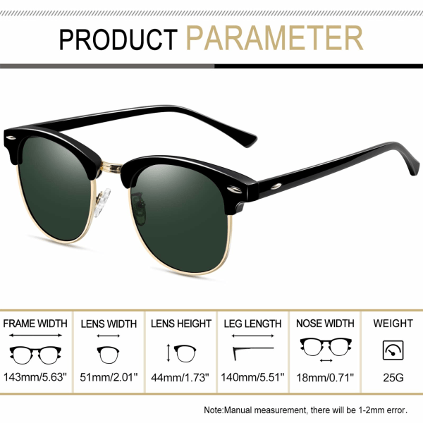 Puolireunaiset polarisoidut aurinkolasit miehille - UV400-suojaus Retro puolikehys aurinkolasit Unisex polarisoidut miesten naisten aurinkolasit