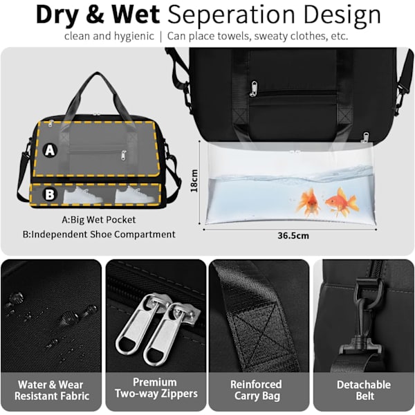 Sammenleggbar Weekend Bag Overnatting Sykehus Bag med Skokompartiment & Våt Lomme, Vannbestandig Gym Duffel Bag for Reise Holdall for Kvinner Menn black