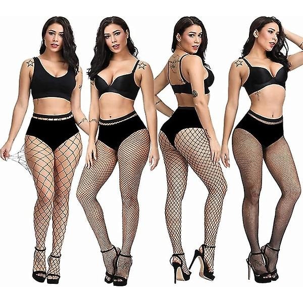 4 Pak Plus Size Strømpebukser i Net, Sorte Netstrømper Lårstrømper