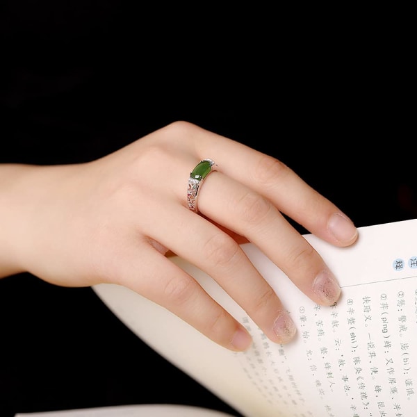 925 Sterling Sølv Inlagt Hetian Jade Ring Delikat Elegant Hul Åpen Ring Sjarmerende Smykker Gaver til Kvinner Jenter